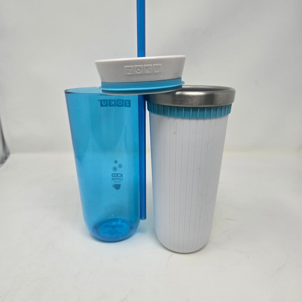 Zoku Iced Coffee Maker Travel Mug Blue White Stainless Steel Core with Straw‎ - Picture 3 of 6
